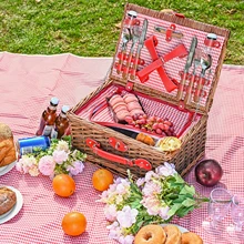 

24PCS Handmade Picnic Basket Wicker Camping Picnic Basket Set for 4 Person with Waterproof Blanket knife Fork Outdoor Picnics