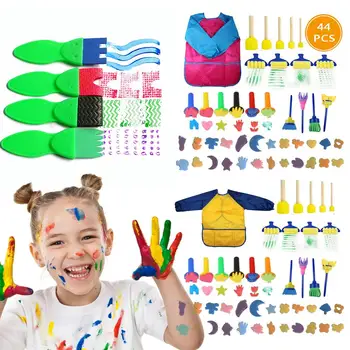 

44PCS Sponge Paint Brushes Kits Painting Brushes Tool Kit With Waterproof Apron And More For Kids Early DIY Learning