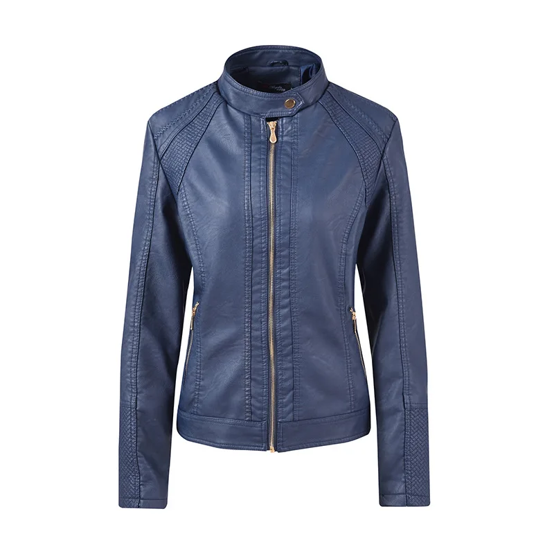 Новая Женская весенне-осенняя куртка из искусственной кожи, повседневная мотоциклетная куртка с длинным рукавом и подставкой, Женская куртка из искусственной кожи, пальто, топы - Цвет: YQZ1863navy blue