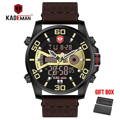 leather 2 KADEMAN, мужские часы, военные спортивные кварцевые часы, водонепроницаемые, двойной дисплей, цифровые, натуральная кожа, наручные часы, Relogio Masculino - Цвет: leather 2