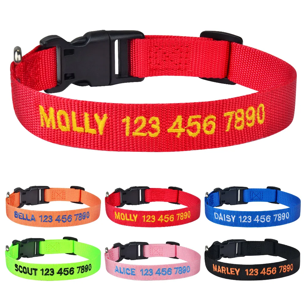 Adjustable Nylon Embroidered Dog Collar Pet Products Custom Name Dog