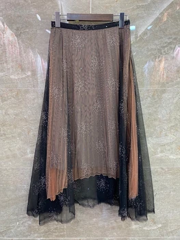 

2020 Spring and Summer New Women's Hot Drilling Mesh Stitching Decorations All-match Mid-Length Skirt 601