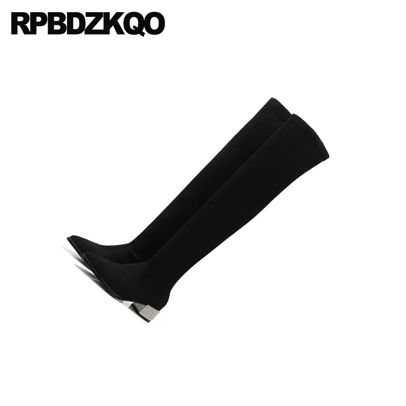 thigh high slip on shoes suede slim women boots pointed toe fashion crystal diamond chunky over the knee rhinestone black