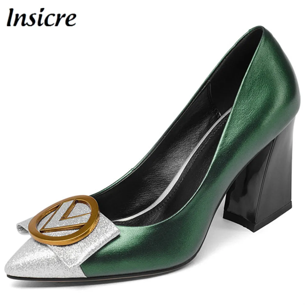 

Insicre Stylish Pointed Toe Women Pumps thick Heel High Quality Genuine Leather Slip-On Shoes Shallow Office Ladies Shoes