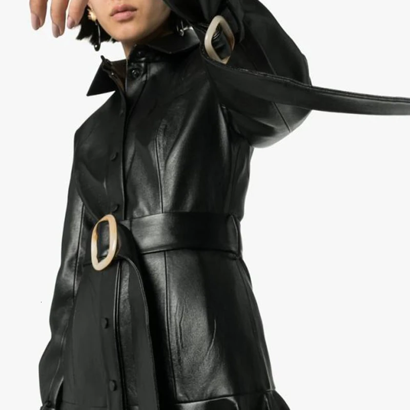 CHICEVER Асимметричная женская куртка из искусственной кожи, воротник с лацканами, длинный рукав, высокая талия, пояс на шнуровке, Необычные куртки для женщин