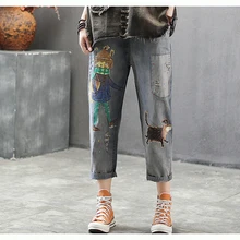 Женские джинсы деним брюки с вышивкой в стиле пэчворк с героями мультфильмов потертые отбеленные повседневные большие свободные штаны для весны и осени AZ13234018
