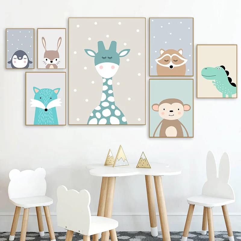 Cute Cartoon Baby Animal Penguin Monkey Nursery Poster Canvas Art Print Wall Painting Nordic Kids Child Room Decoration Picture | Дом и сад