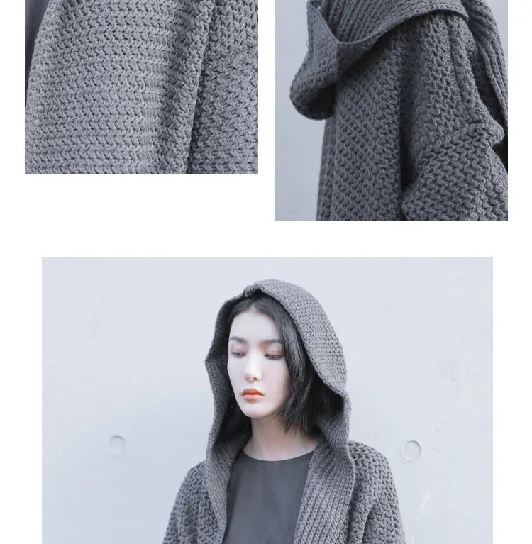 hat Retro Hooded Oversized Knit Women Tops Sweater Cardigans Autumn Winter Sweaters Cardigan Knitted Loose Long Coat LB005