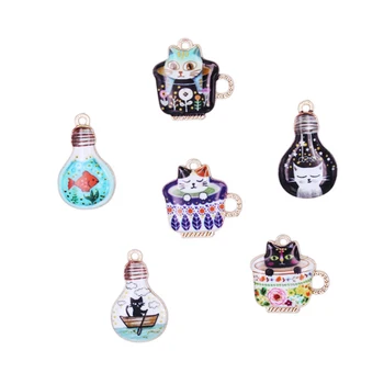 

30pcs/lot Coffee cup cat Pendant Pet Tag car Keyring Jewelry bag charm gifts Women lucky Gifts golden Printing alloy Accessories