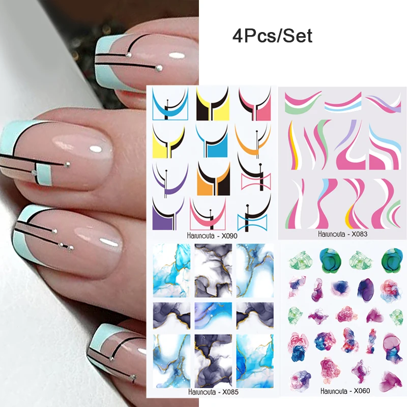 Harunouta 4Pcs/Set Geometry Lines Nail Stickers Decals Marble Flowers Sliders Wraps Manicure Summer Art Decorations | Красота и