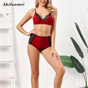 

Women Lingerie Sets Lace Short Pile Splice Lady Bra Pants Dressing Gown Temptation Red Autumn Winter Women Lingeries Underwear