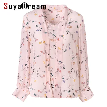 

SuyaDream Women Floral Printed Silk Blouse 100%Real Silk Long Sleeved Bow Collar Blouses 2020 Spring Shirt