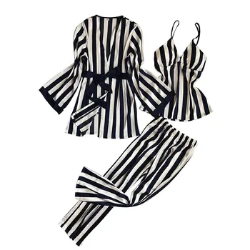 

2020 Womens Simple stripes Pajamas Sleepwear Satin Silk Pajamas Cardigan Nightdress Bathrobe Ladies Robes Underwear Sleepwear