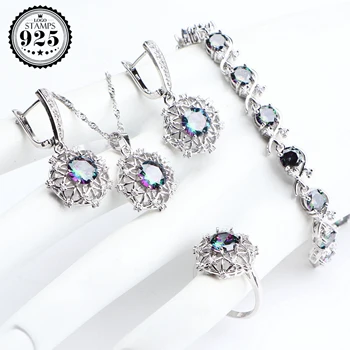 

Bridal Silver 925 Jewelry Sets For Women Wedding Jewelry Necklace Pendant Ring Magic Rainbow CZ Earrings Stones Bracelets Set