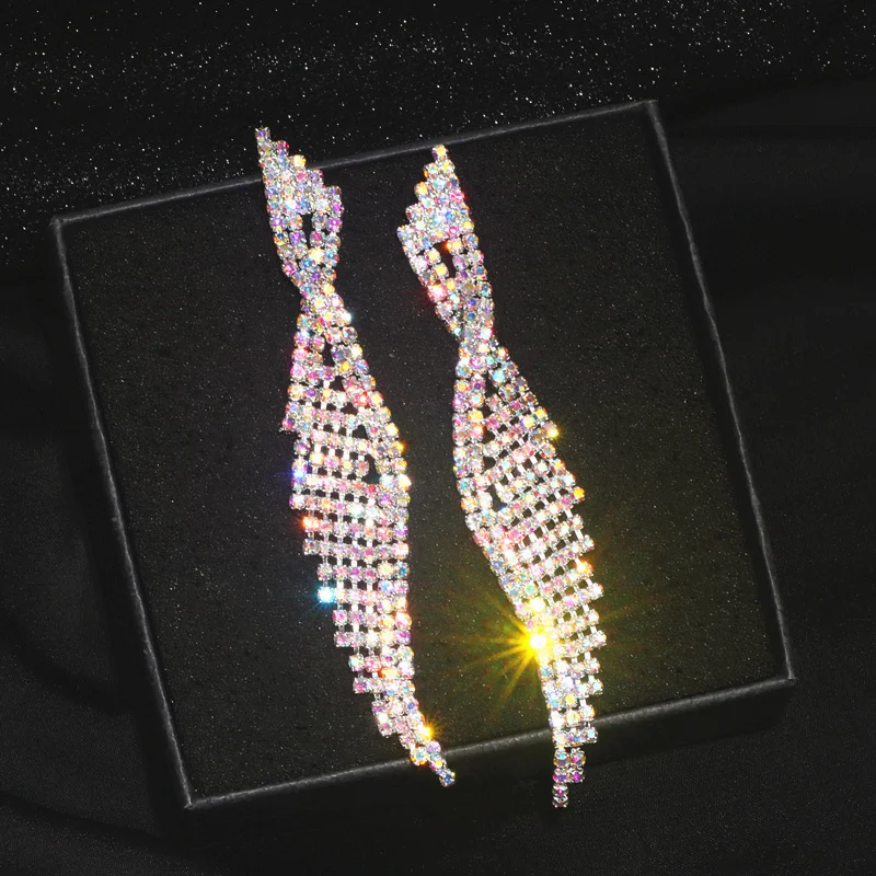 2020 Luxury Bling Colorful Crystal Rhinestone Long Tassel Earrings For Women Bridal Big Drop Dangle Earrings Wedding Jewelry