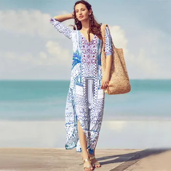 

платье пляжное beach wear Women's Irregular Print Beach Skirt Beach Holiday Bikini Blouse bathing suit women robe de plage