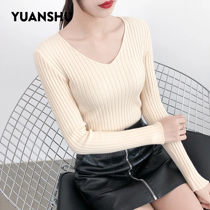 YUANSHU Spring Soft Sweater Women Jumper V Neck Slim Elasticity Knitted Pullover Female Long Sleeve Autumn Basic Knitwear Tops