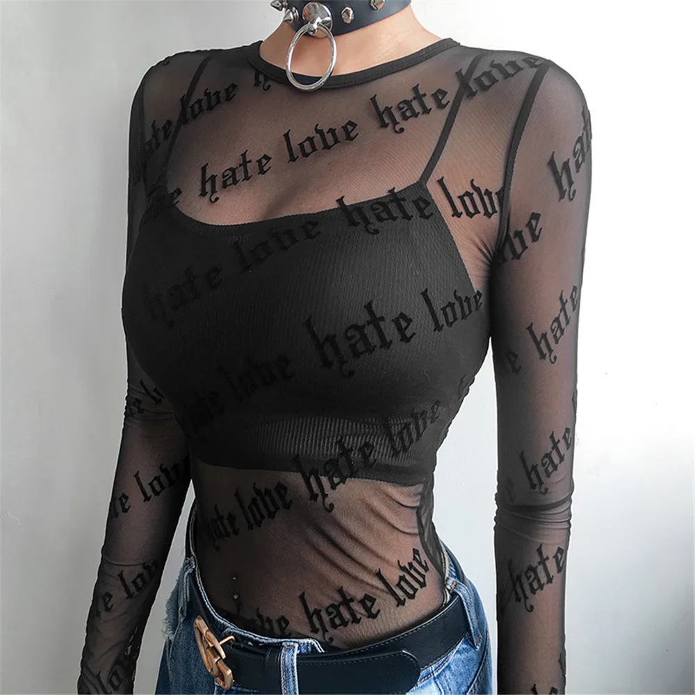 

Sexy Women Mesh T-Shirts See-Through Perspective Tshirt Letter Printed O Neck Transparent Long Sleeve T Shirt Tops Women