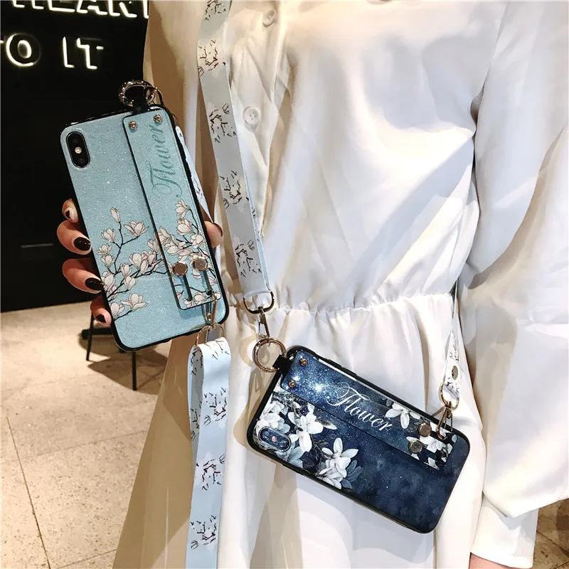 Glitter Flowers Case For Samsung Galaxy S8 S9 S10 5G S20 Plus S21 FE S22 Note 8 9 10 20 Ultra Shoulder Strap Lanyard Phone Cover