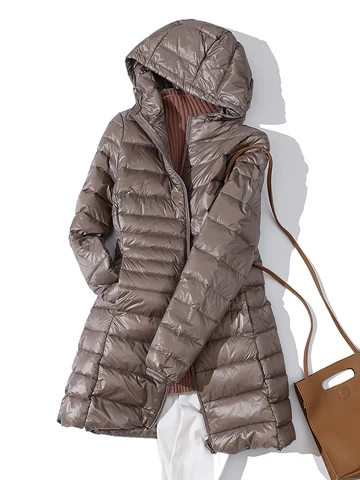 Зимняя теплая Женская длинная куртка с капюшоном, пуховик на белом утином пуху, Женское пальто, ультра тонкий светильник, одноцветная куртка, пальто, портативная парка - Цвет: dark gray