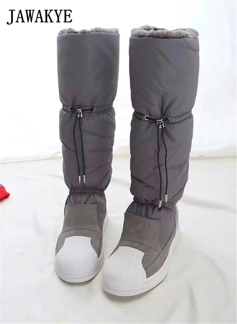 Зимние уличные эластичные зимние сапоги; женские сапоги до середины икры из водонепроницаемого плюша с завязками; повседневная женская обувь на плоской платформе с закрытым носком