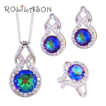 

Stamped Silver stamped Clip Earrings Necklace Pendant rings Anniversary Rainbow AAA CZ Fashion Jewelry Set JS621