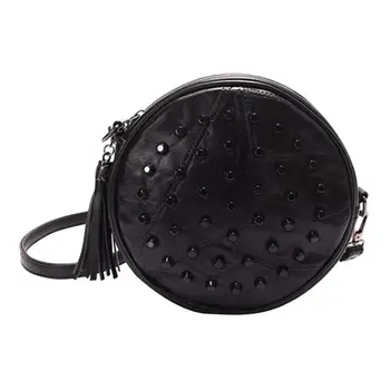 

Sheepskin Messenger Bags Women Brands Rivet Cute Round Mini Shoulder Bag Ladies Black Tassel Messenger Bag Travel Tote Bolsas#55