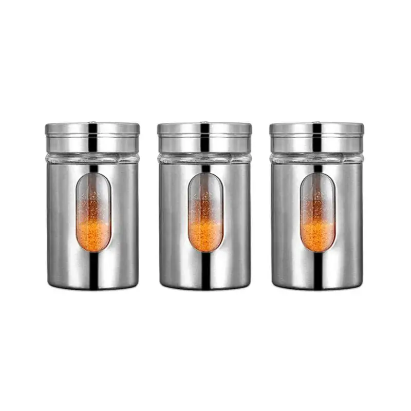3 Pcs 100ML Stainless Steel Seasoning Storage Box Rotatable Adjustable Glass Condiment Bottle Pepper Spice Shaker(Silver - Цвет: 3pcs