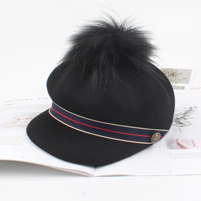 

Octagonal cap Women genuine Wool with Fox Fur Ball Belt Berets Female Winter Hat Lady Baseball Hat Solid Color