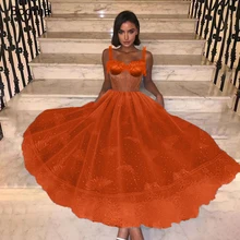 A-Line Spaghetti Strap Tea-Length Wedding Party Lace Dress Yellow Celebrity Vestido De Fiesta Boda Prom Formal Dresses Ball Gown
