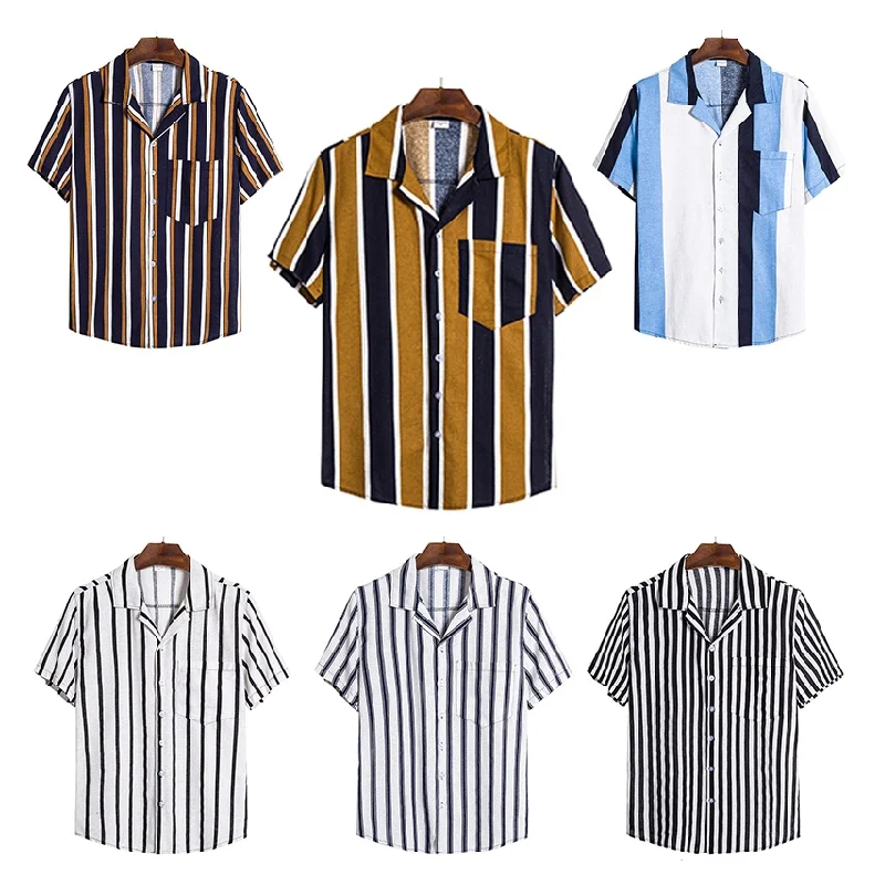 

Summer Men Shirt Pocket Short Sleeve Turn-Down Collar Multi Color Stripe Lump Chest Round Hem Loose Shirts Chemise Homme