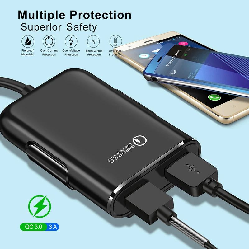 USB Автомобильное зарядное устройство 4 порта QC3.0+ A+ 3.1A Универсальный USB быстрый адаптер с удлинительным кабелем для MPV автомобильный телефон