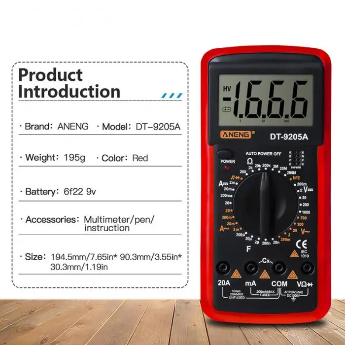 ANENG DT9205A Цифровой мультиметр Профессиональный электрический ручной ЖК-дисплей Электрический вольтметр Амперметр метр тестер HR