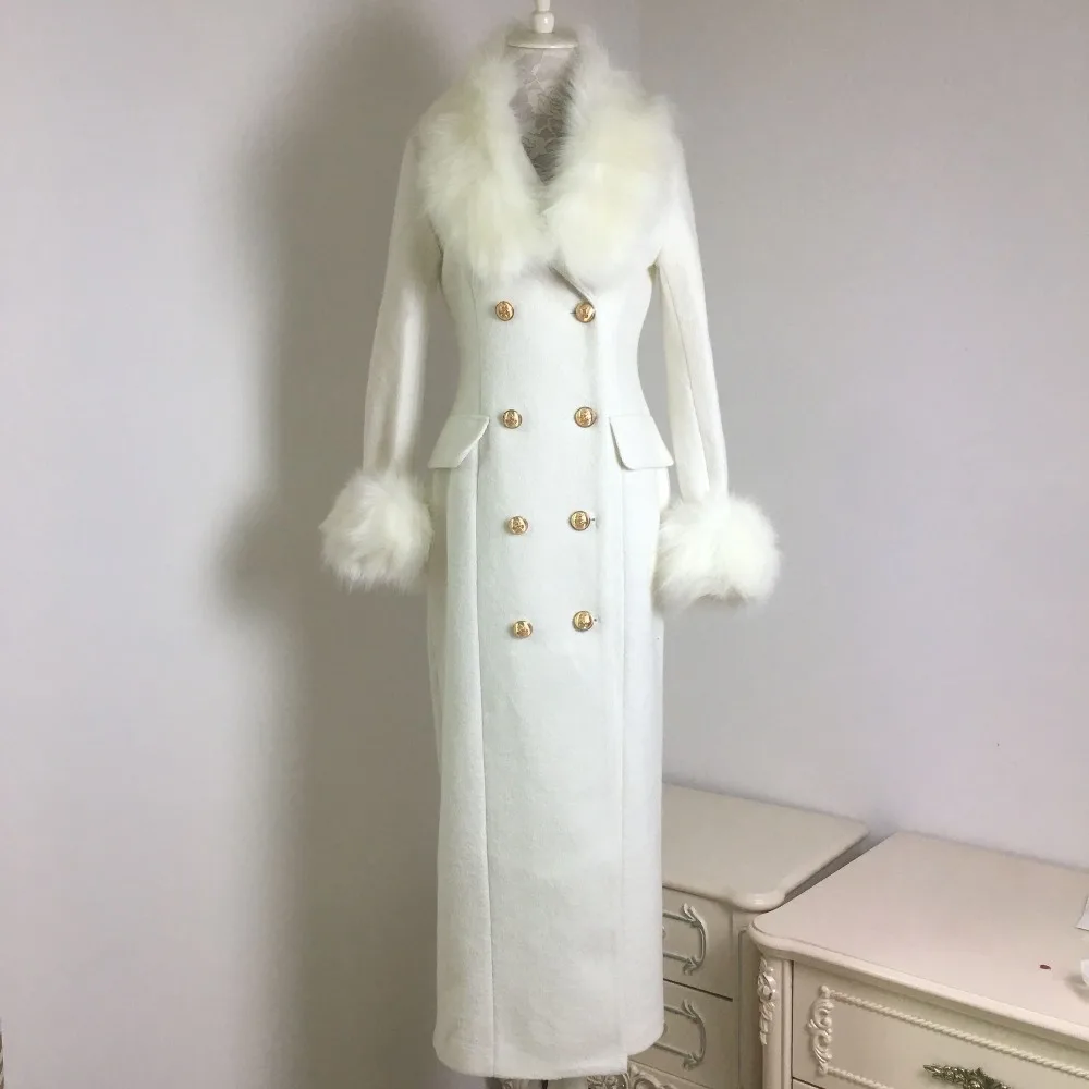 WITH FUR Зимнее модное женское Шерстяное Пальто с имитацией большого лисьего меха, белое кашемировое пальто, женская двубортная тонкая верхняя одежда L1372 - Цвет: WITH FUR
