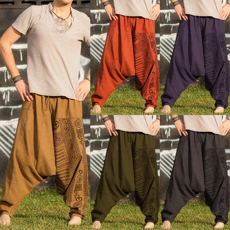 Hot Sale Summer Men Harem Pants Casual Elastic Waist Trousers New Boho Baggy Hippie Drop Crotch Pants Men M-5XL Five Color Pants