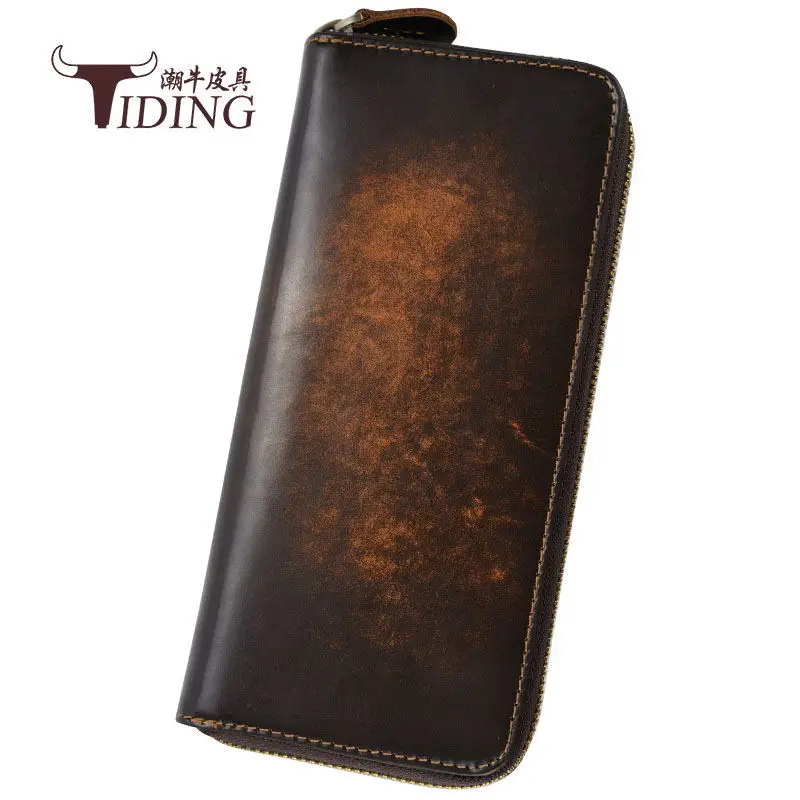 

Tiding New Hot Selling Retro Colored Leather Long Man's Wallet Genuine Leather Business Zipper Wallet Cowhide Slit Beads Handbag