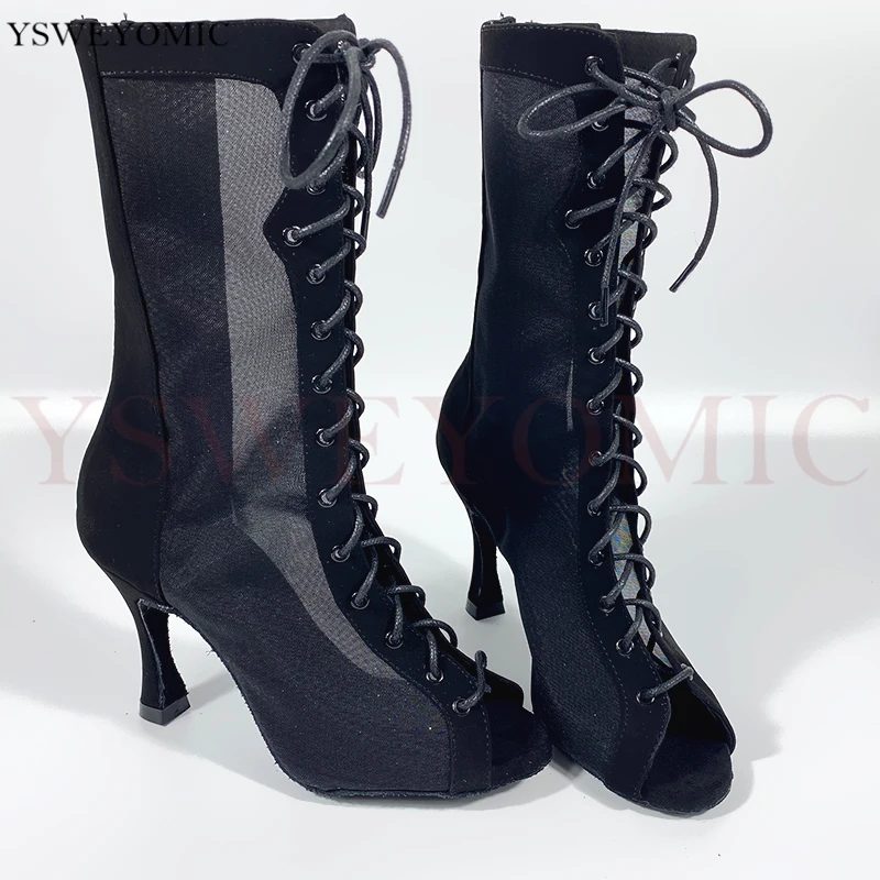 Women's Latin Ballroom Party Dance Boots Black Red Color Transparent Sexy Soft Thick Outsole Salsa Dancing Shoes In 3inch Heel