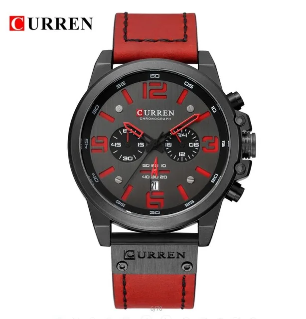 red CURREN 8314 мужские часы лучший бренд класса люкс Хронограф модные мужские часы из натуральной кожи водонепроницаемый спортивный костюм в стиле милитари наручные часы - Цвет: red
