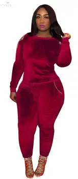 

New Club Outfits Women Set Full Sleeve Top Pants Suits Pearls Solid Two Piece Set Casual Velvet Fitness Tracksuit Women Outfits