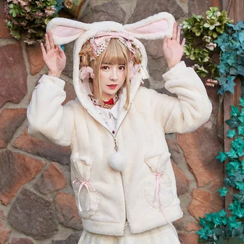 

Autumn Lolita Bunny Ear Fleece White Hoodie Cute Junior Girls Warm Kawaii Rabbit Coat Women Soft Kawaii Japan Winter Overcoat