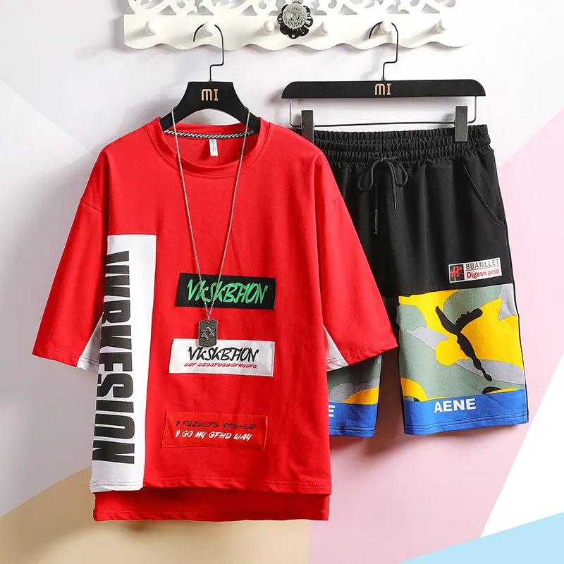 Мужская летняя спортивная одежда, спортивные костюмы в стиле хип-хоп, свободные комплекты, костюмы для бега для мужчин, Высококачественная Мужская хлопковая футболка+ шорты, комплекты