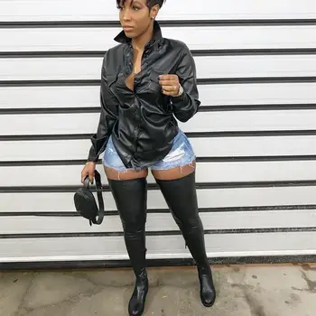 

Lapel Long Sleeve Irregular Shirt Women Streetwear Casual Office Pu Leather Blouse Single-Breasted Slim Tops