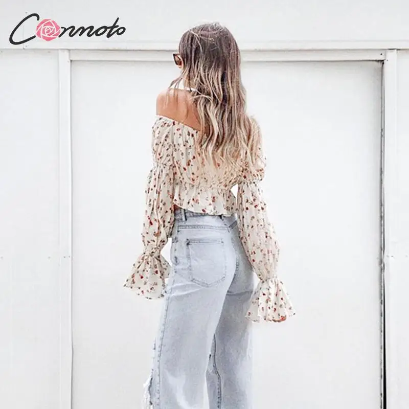 Conmoto Модные женские короткие топы с цветочным принтом и блузка женская Повседневная Праздничная короткая рубашка с длинными рукавами на шнуровке шикарный рукав-колокол