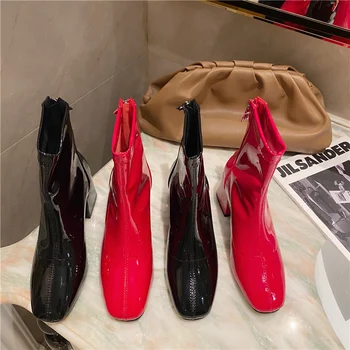 

Ankle 2020 Patent Leather Boots Women Thick High Heels Sqaure Toe Western Cowgirl Boots Female Ladies Warm Fur Short Boots Shoes