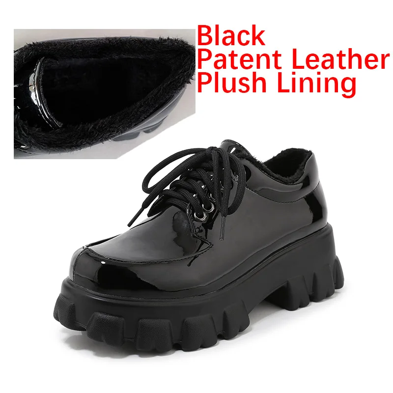 hot sale trendy women platform patent leather oxford laced up casual shoes plus size winter preppy young chic plush lining - Цвет: Black Plush Patent