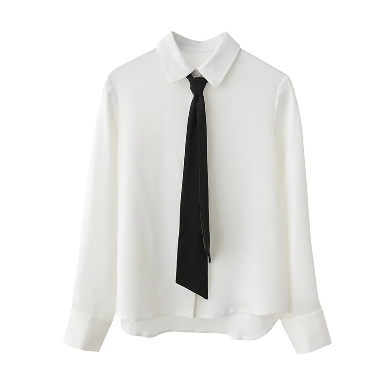 Blusa blanca de manga larga con corbata negra para blusa gruesa de gasa coreana para oficina y trabajo, y otoño - AliExpress