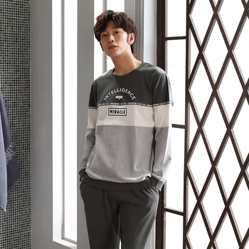 

CAIYIER printed pajamas suit winter cotton pajamas lounge O-neck two-piece men's pajamas home service