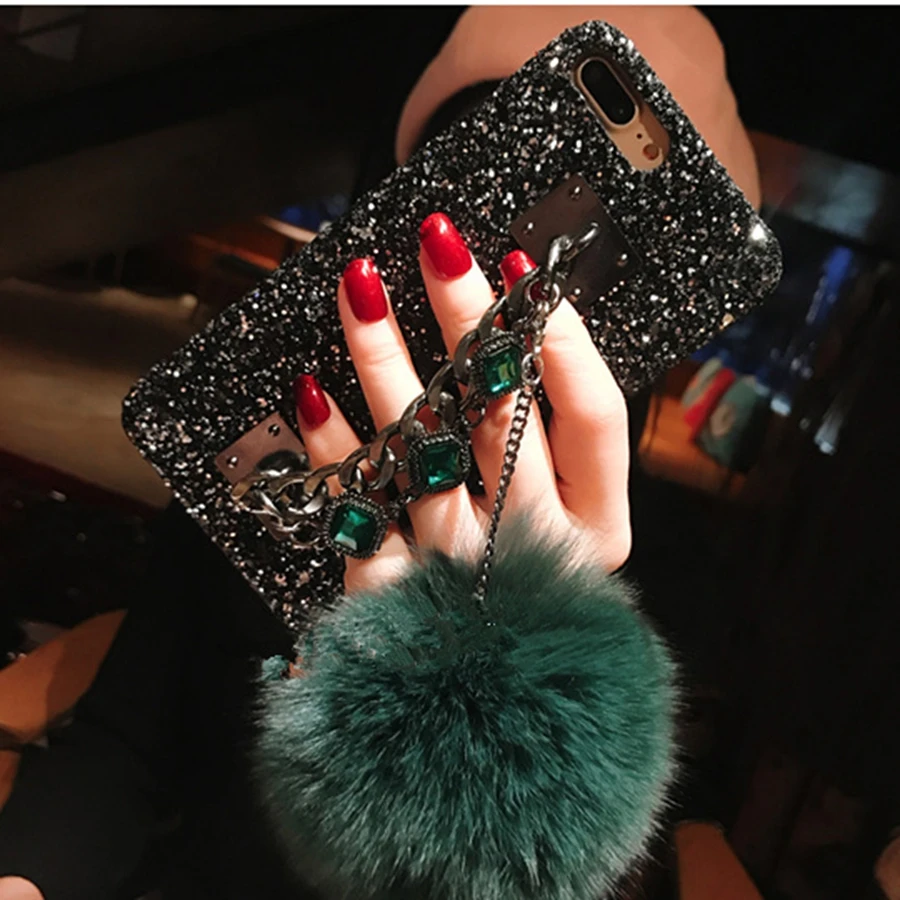 

Bling Glitter Diamond Gem Bracelet Chain Case For xiaomi 8 8 Lite 9 9se cc9 Redmi 7 6A 5A Note7 6 Fluffy plush ball