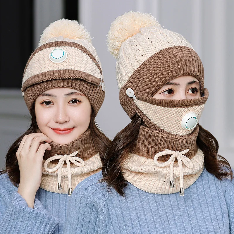 

2020 New 3 Pieces Set Women's Knitted Hat Scarf Caps Neck Warmer Winter Hat For Ladies Girls Skullies Beanies Warm Fleece Caps