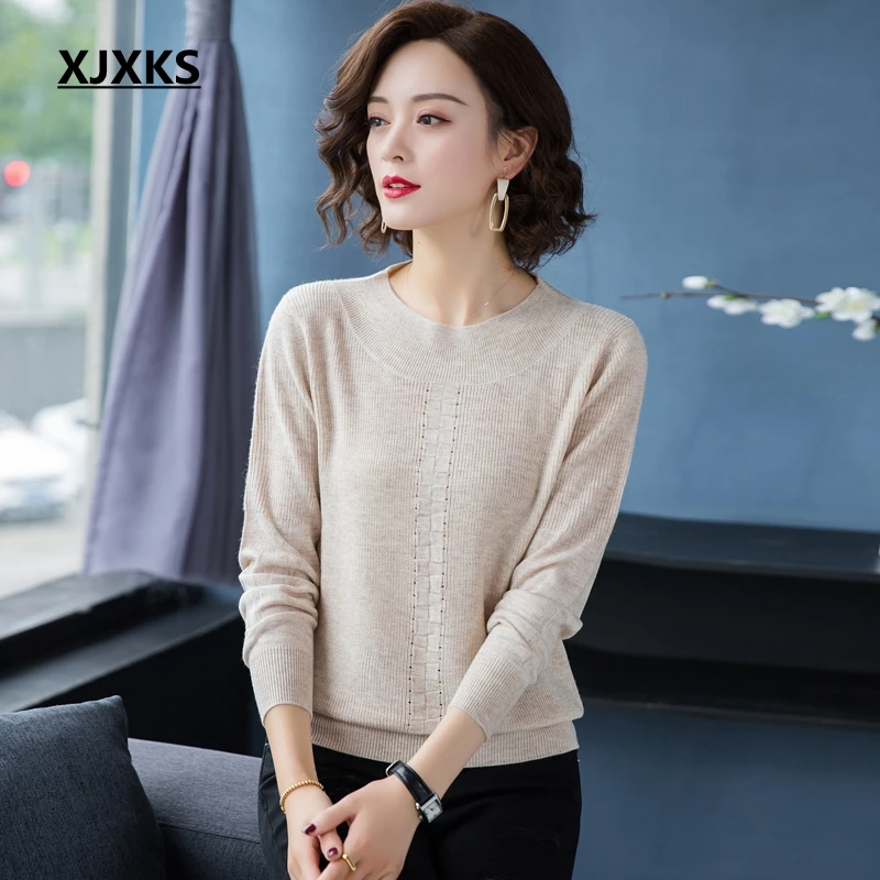 

XJXKS Pull Femme Nouveaute 2019 Elegant Wool Pullover Women Solid Color All-match Long Sleeve Knitted Women Sweater